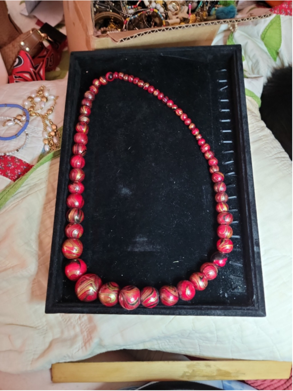 Boho Earthy Red Wood Bead Necklace Tribal Statement Artisan Style